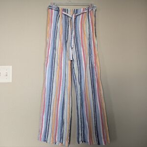 Laundry By Shelli Segal Size Small Striped Wide-Leg Pants Tie Waist 50% Linen